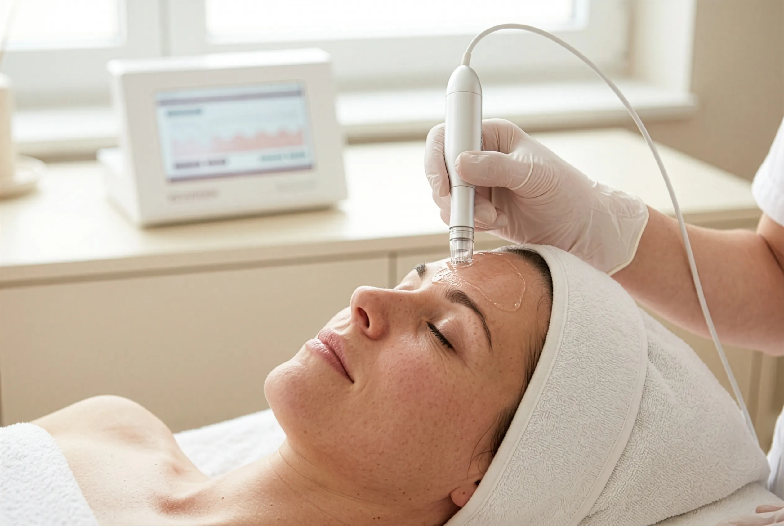 Micro-Needling: Kosmetikerin führt das Needling-Handstück über die Stirn einer liegenden Kundin