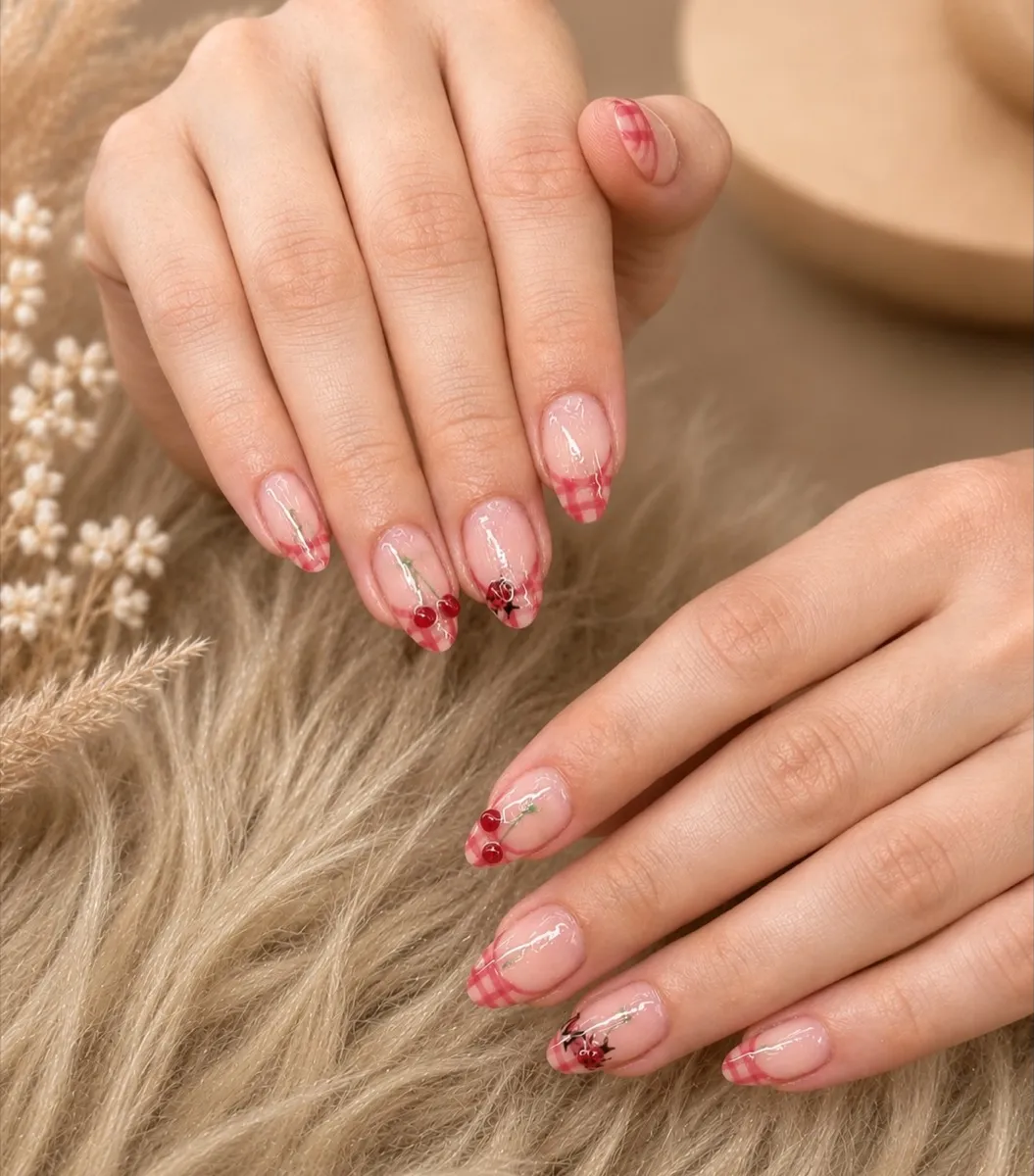 Nude-Nägel mit rot kariertem French und kleinen Kirschen