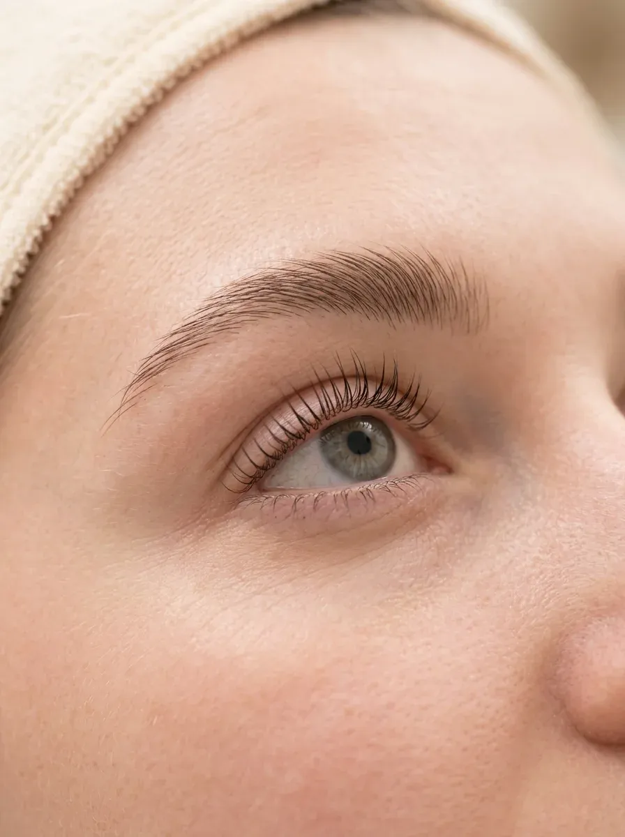 Auge mit nach oben geschwungenen Wimpern und gebürsteter Augenbraue